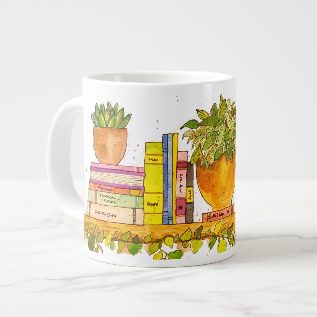 Colourful Watercolor Bookshelf Large Coffee Mug (Front Left)