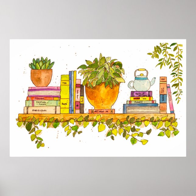 Colourful Watercolor Bookshelf Poster (Front)