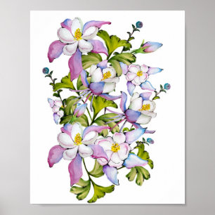 Colourful watercolor bouquet of columbine and gree poster