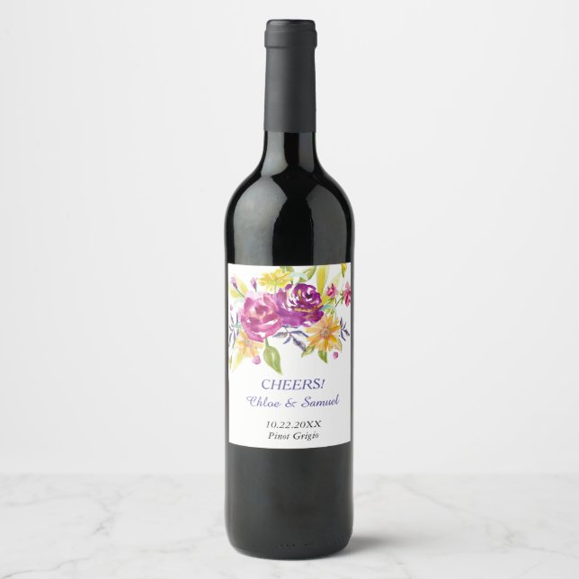 Colourful Watercolor Bouquet Personalised Wedding Wine Label (Front)