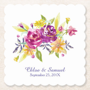 Colourful Watercolor Bouquet Wedding Paper Coaster