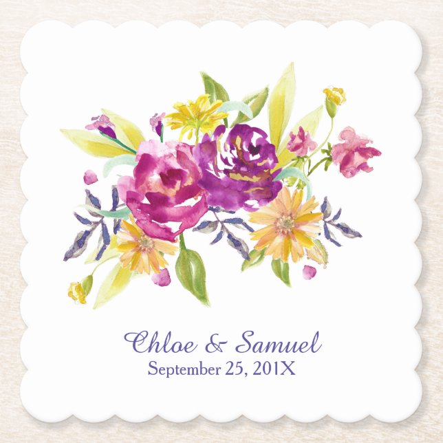 Colourful Watercolor Bouquet Wedding Paper Coaster (Front)