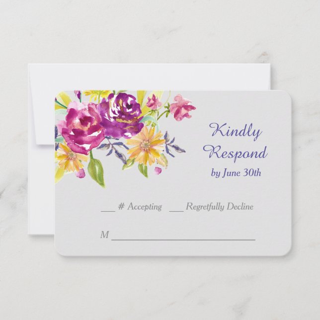 Colourful Watercolor Bouquet Wedding RSVP Card (Front)