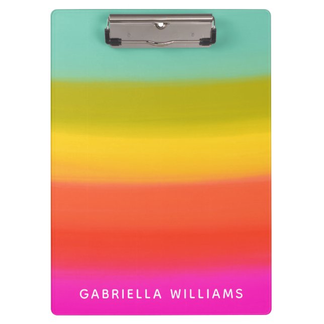 Colourful Watercolor Bright Rainbow Stripes Name Clipboard (Front)