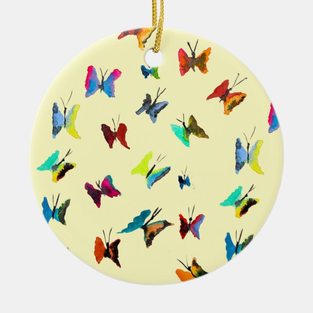 Colourful watercolor butterflies ceramic tree decoration (Front)