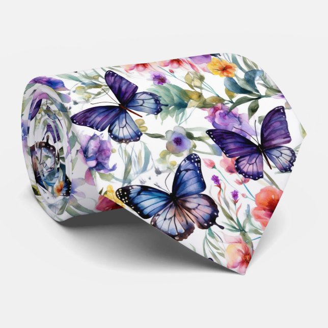 Colourful Watercolor Butterflies Flower Pattern Tie (Rolled)