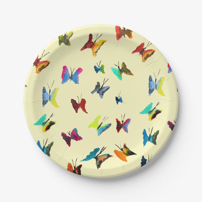 Colourful watercolor butterflies paper plate (Front)