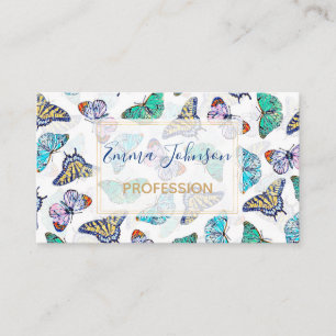 Colourful watercolor butterflies white pattern business card