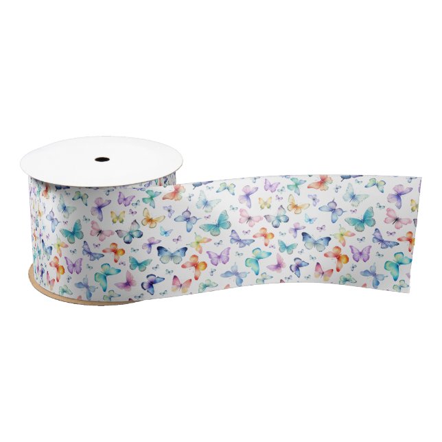 Colourful Watercolor Butterfly Pattern Satin Ribbon (Spool)