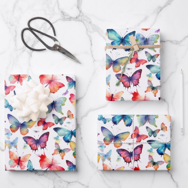 Colourful Watercolor Butterfly Pattern Wrapping Paper Sheet (Front)