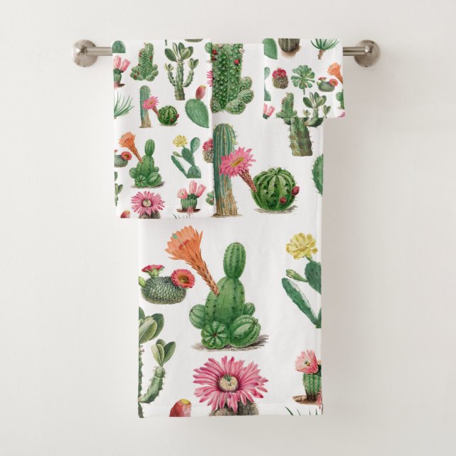 Colourful Watercolor Cactus & Succulents Flowers Bath Towel Set (Insitu)