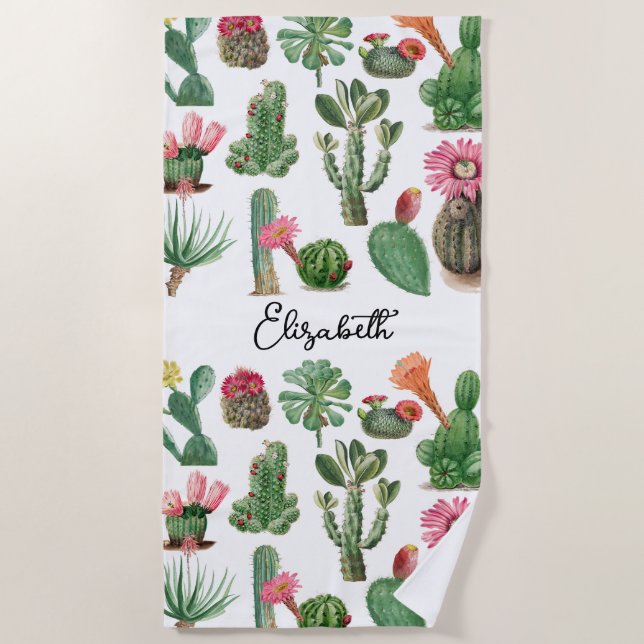 Colourful Watercolor Cactus & Succulents Flowers Beach Towel (Front)