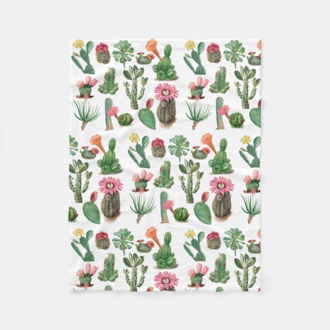 Colourful Watercolor Cactus & Succulents Flowers Fleece Blanket (Front)
