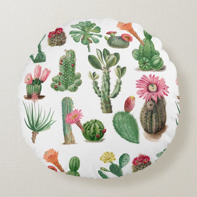 Colourful Watercolor Cactus & Succulents Flowers Round Cushion (Front)