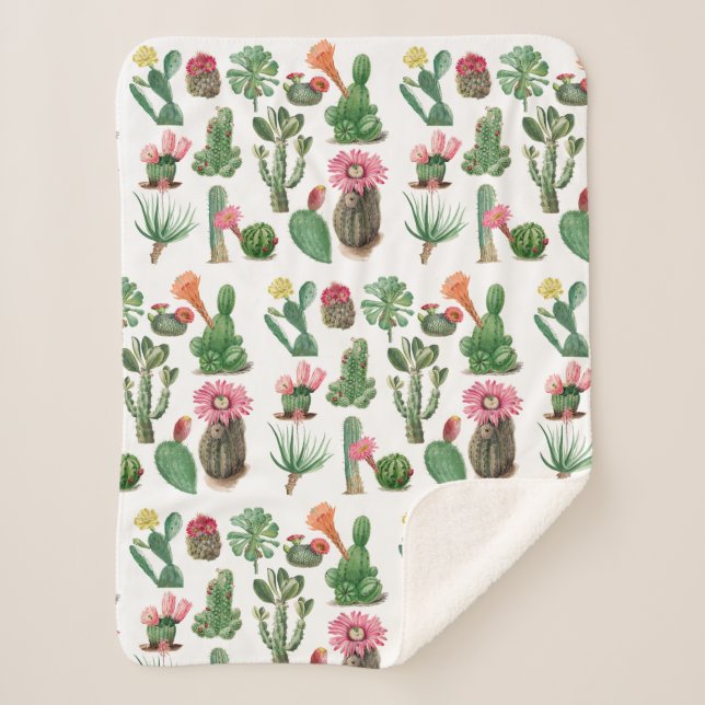 Colourful Watercolor Cactus & Succulents Flowers Sherpa Blanket (Front)