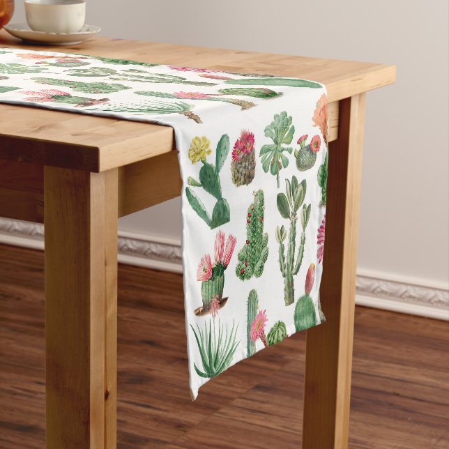 Colourful Watercolor Cactus & Succulents Flowers Short Table Runner (In Situ)