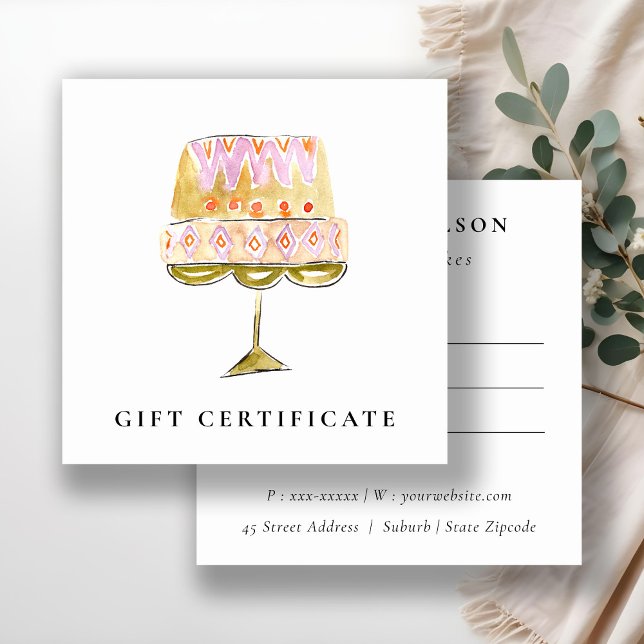 Colourful Watercolor Cake Bakery Gift Certifate  Square Business Card (Creator Uploaded)
