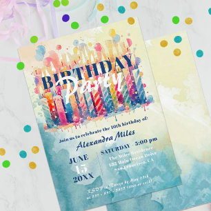 Colourful Watercolor Candles and Balloons Birthday Invitation