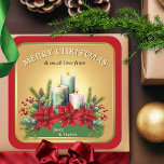 Colourful Watercolor Candles Poinsettia Christmas  Square Sticker<br><div class="desc">A festive colourful Christmas sticker featuring a watercolor set of candles with poinsettia flowers on elegant gold.</div>