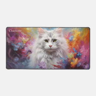 Colourful Watercolor Cat Custom Personalised Name Desk Mat