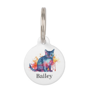 Colourful Watercolor Cat Splatter Art Pet Tag