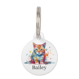 Colourful Watercolor Cat Splatter Art Pet Tag