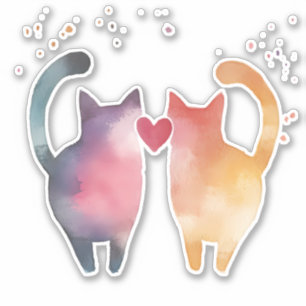 Colourful Watercolor Cats Silhouettes with Heart