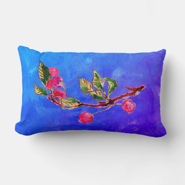 Colourful Watercolor Cherry Branch on blue Lumbar Cushion (Front)