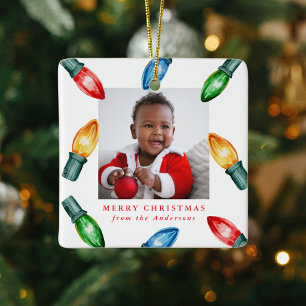 Colourful Watercolor Christmas Lights 2 Photo Ceramic Ornament