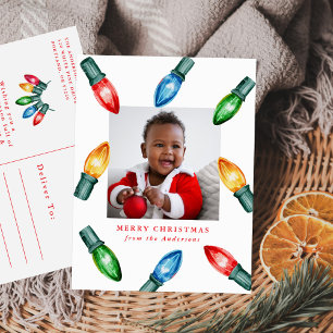 Colourful Watercolor Christmas Lights Photo Holiday Postcard