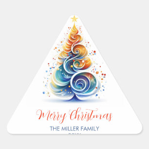 Colourful Watercolor Christmas Tree Customisable Triangle Sticker