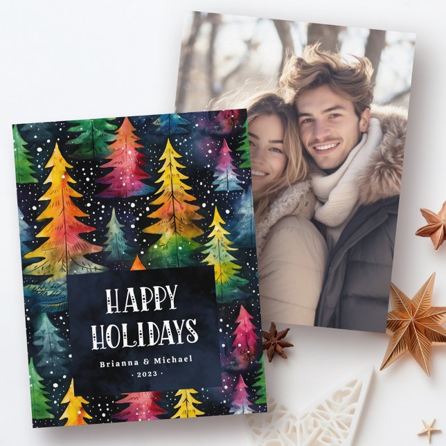 Colourful watercolor Christmas trees Happy Holiday (Colorful watercolor Christmas trees Happy Holidays Holiday Card)