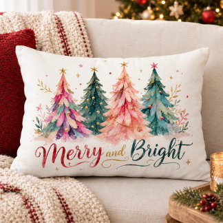 Colourful Watercolor Christmas Trees Merry & Brigh Decorative Cushion