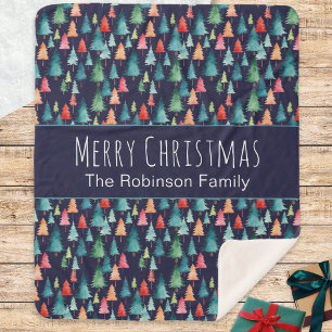 Colourful Watercolor Christmas Trees Personalised Sherpa Blanket