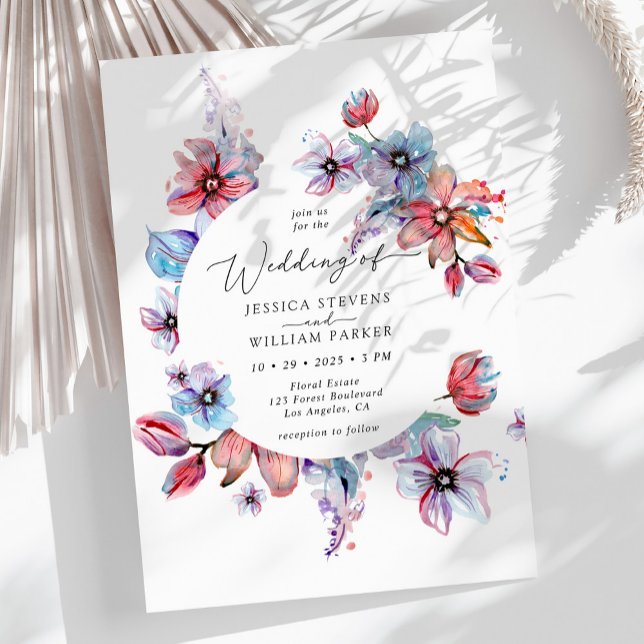 Colourful Watercolor Circle Flowers Wedding Invitation (Creator Uploaded)
