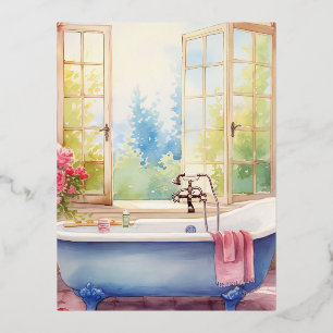 Colourful Watercolor Country Bathroom Foil Holiday Postcard