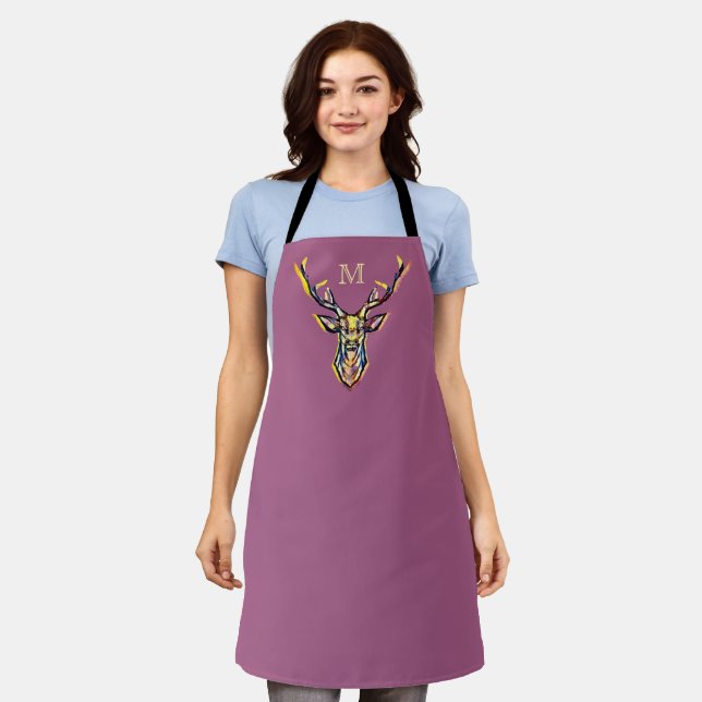 Colourful Watercolor Deer Head Art  Apron (Worn)