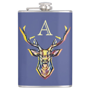Colourful Watercolor Deer Head Art Hip Flask