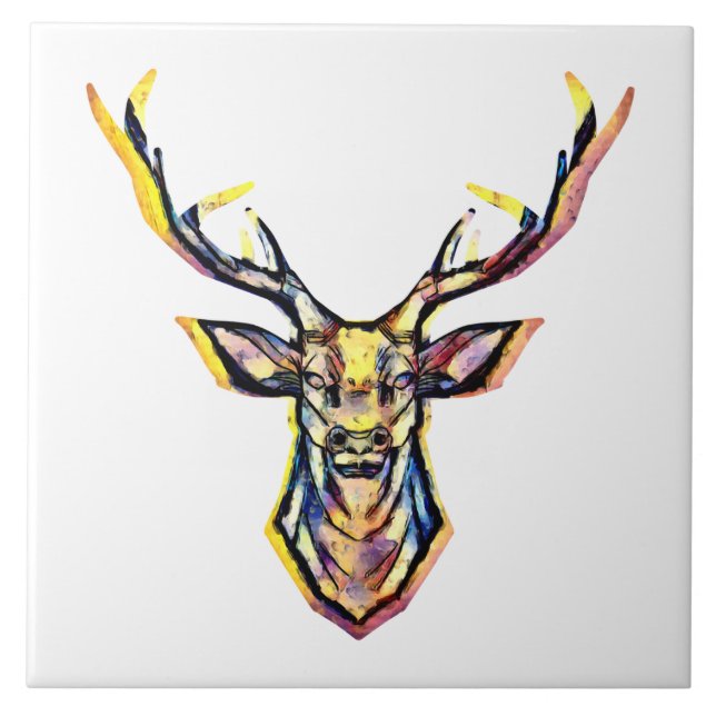 Colourful Watercolor Deer Head Art  Tile (Front)