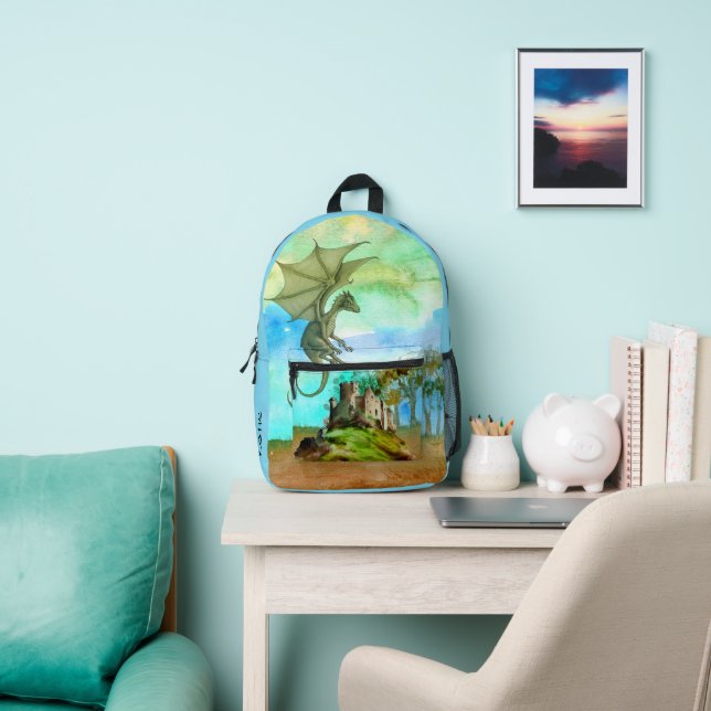 Colourful Watercolor Dragon and Castle Personalise Printed Backpack (Insitu)