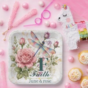 ​Colourful Watercolor Dragonfly & June Birth Flowe Paper Plate