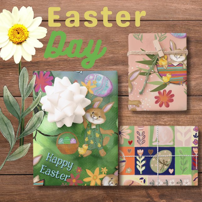 Colourful watercolor Easter Bunny chickens Wrapping Paper Sheet (Colorful watercolor Easter Bunny chickens Wrapping Paper Sheets)