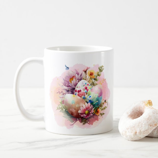 Colourful Watercolor Easter Eggs Coffee Mug (With Donut)