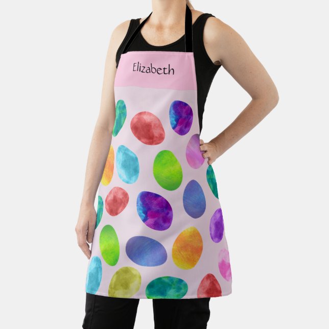 Colourful Watercolor Easter Eggs Custom Name Apron (Insitu)