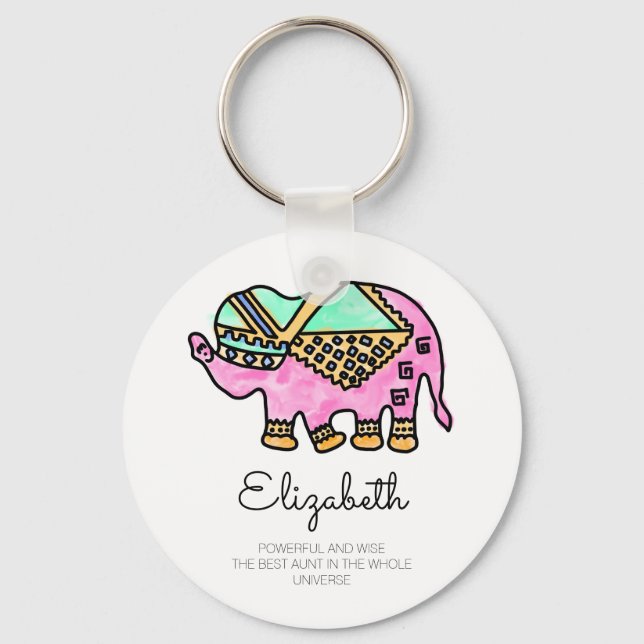 Colourful watercolor elephant modern personalised key ring (Front)