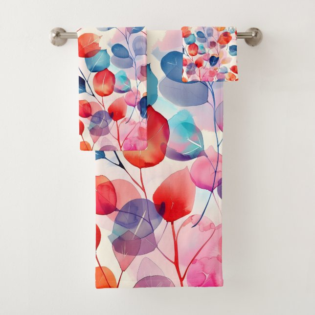  Colourful Watercolor Eucalyptus Leaves Bath Towel Set (Insitu)