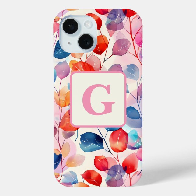  Colourful Watercolor Eucalyptus Leaves monogram Case-Mate iPhone Case (Back)