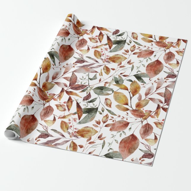Colourful Watercolor Fall Autumn Foliage Leaves Wrapping Paper (Unrolled)