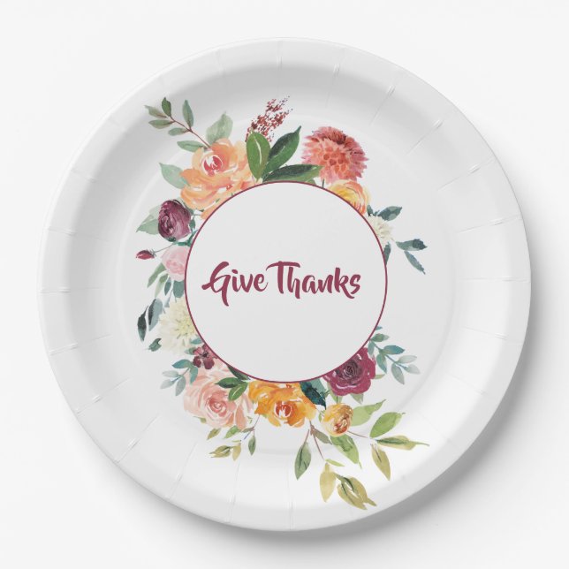 Colourful Watercolor Fall Floral Give Thanks Paper Plate (Front)