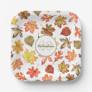 Colourful watercolor fall leaves family name paper plate